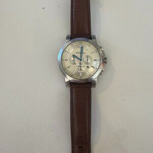 Fossil Men’s Chronograph Watch – Cream Dial, Blue Hands, Brown Leather Band